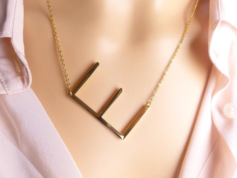 Sideway Big Initial 18k Gold Plated A-Z Pendant Necklace - Bansri Mehta Design