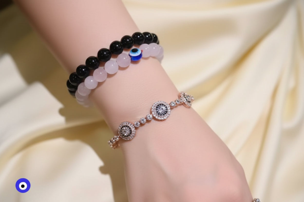 Trinity Evil Eye Tennis Bracelet with Swarovski Crystals & CZ Stones - Bansri Mehta Design